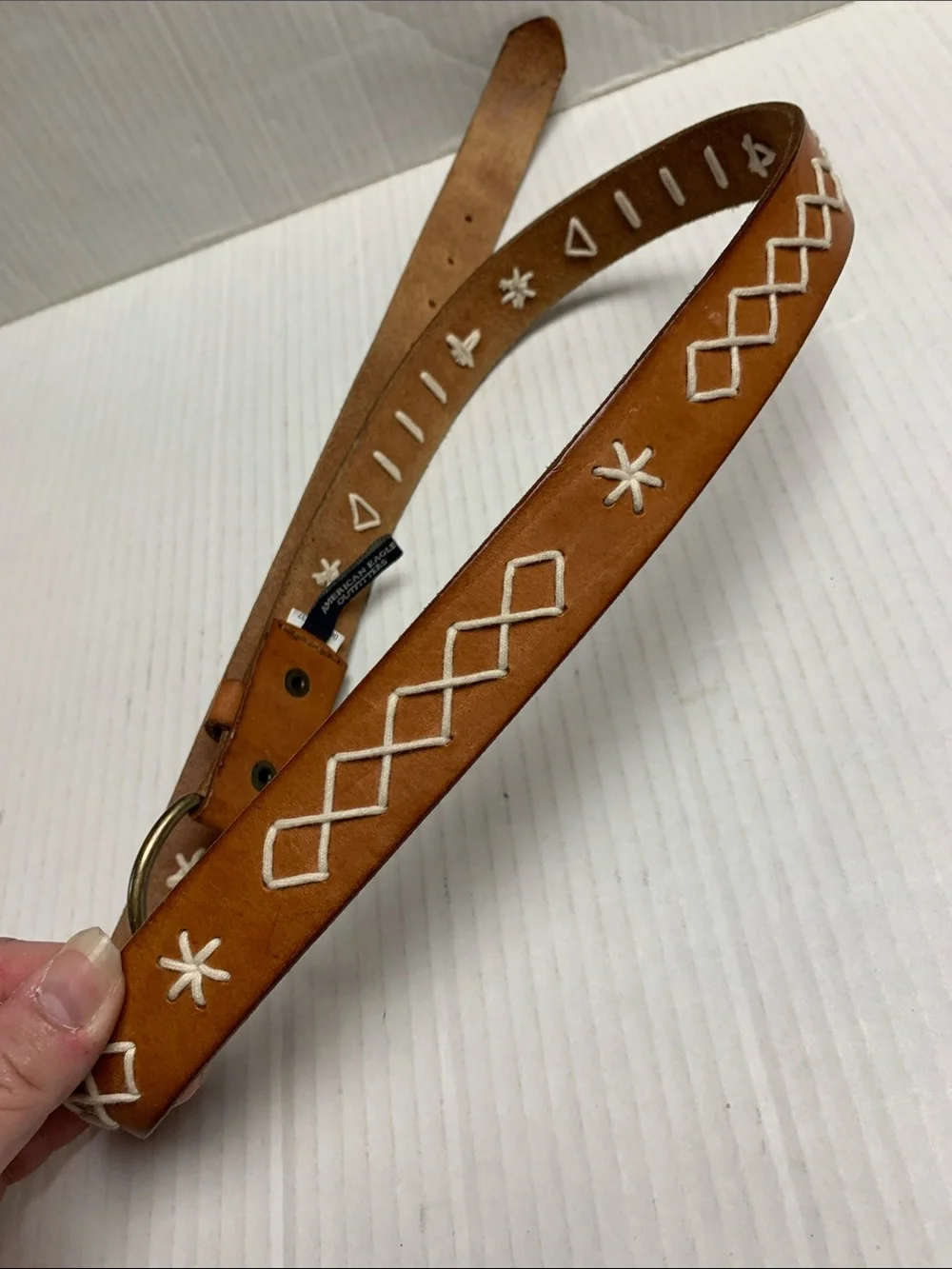 American Eagle Vintage Y2K Brown Genuine Leather Embroidered Boho Western Belt